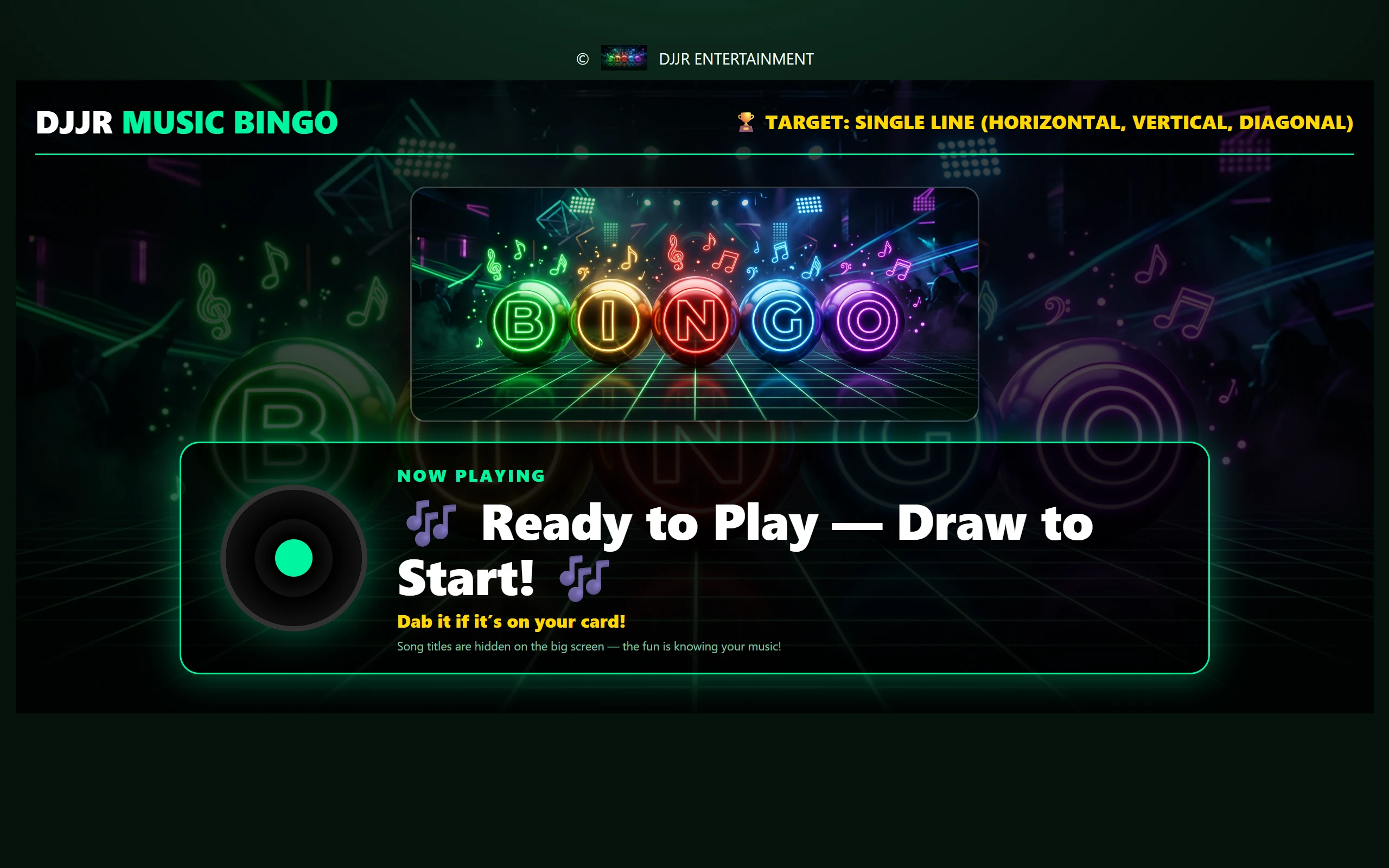 DJJR Music Bingo audience TV screen — NOW PLAYING panel and round target