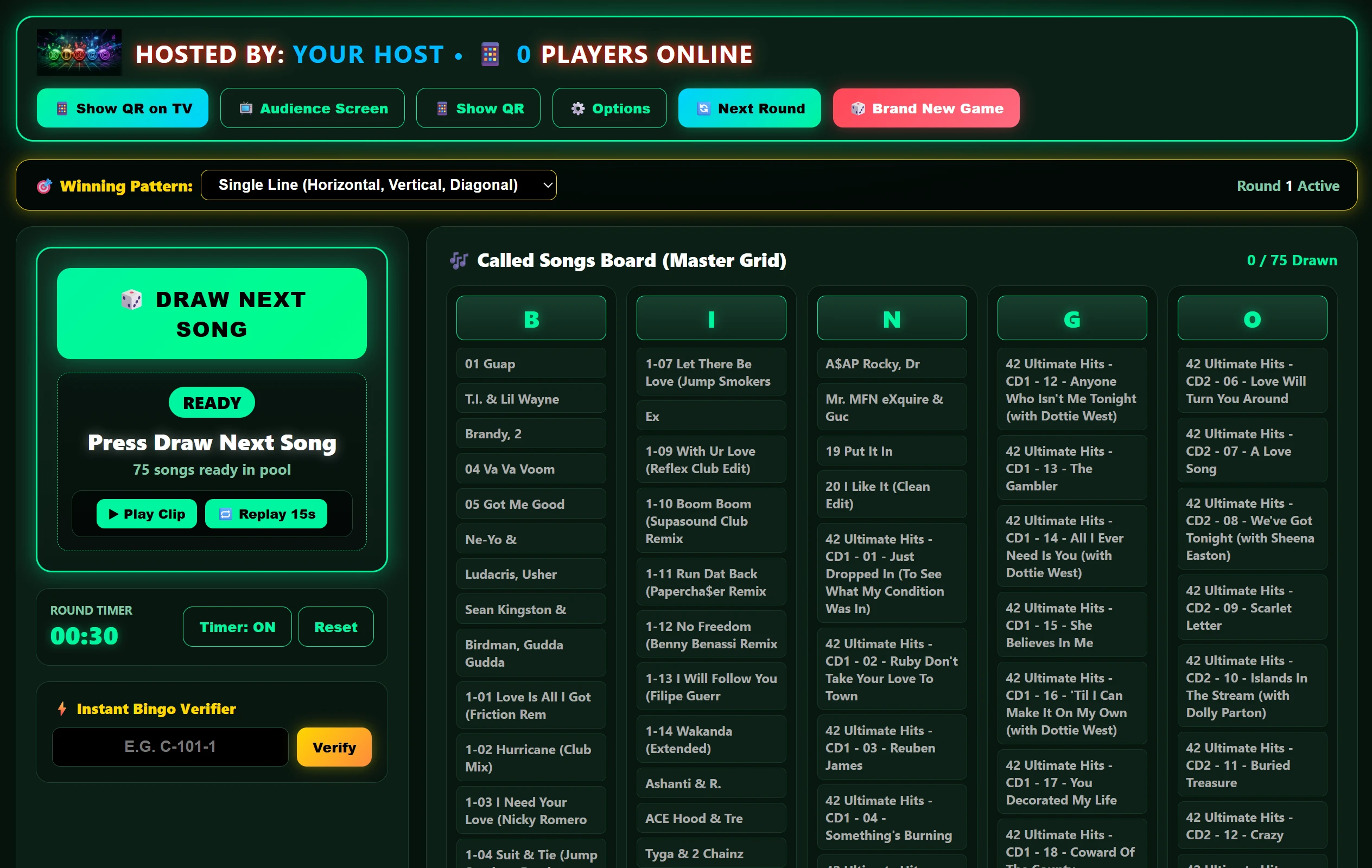 DJJR Music Bingo host screen — master board of called songs, draw controls and instant bingo verifier