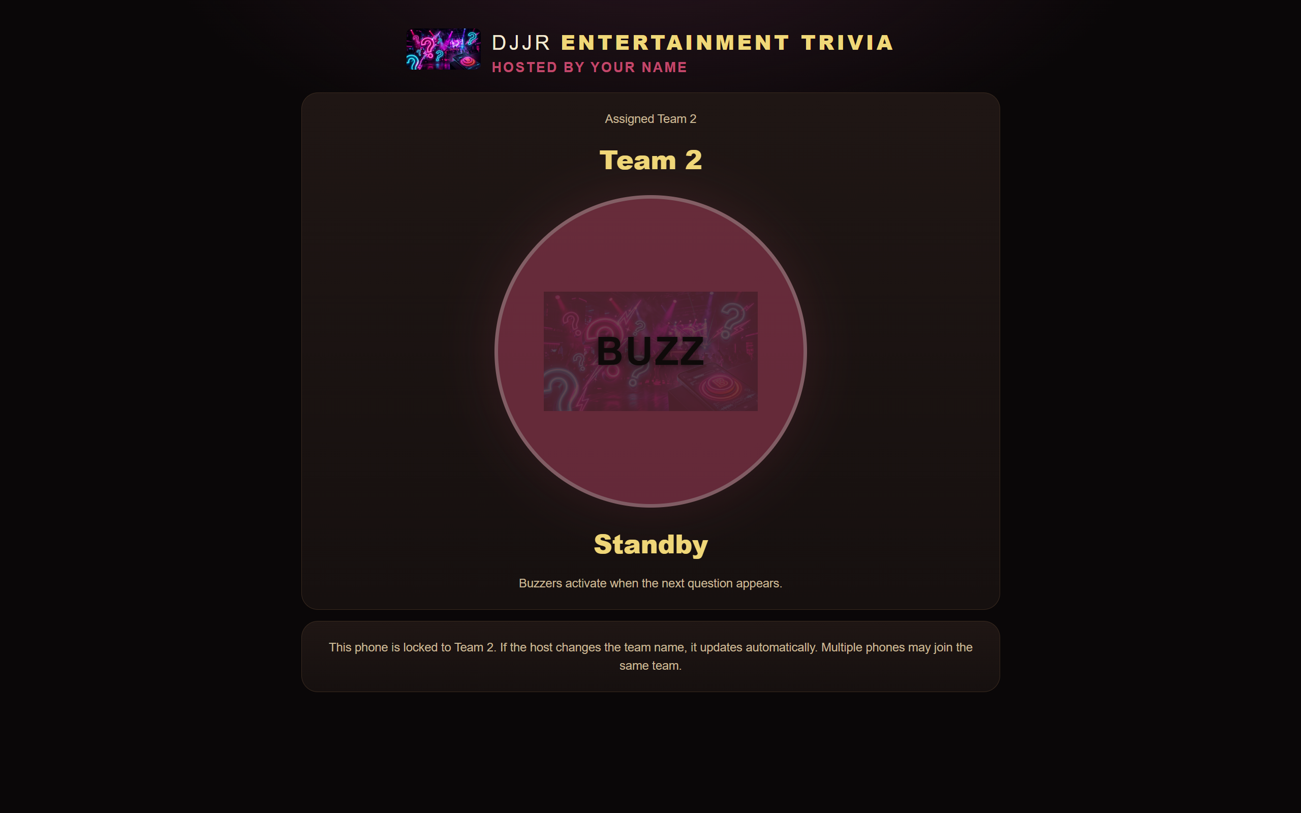 DJJR Trivia Hub phone buzzer view with team name and lockout