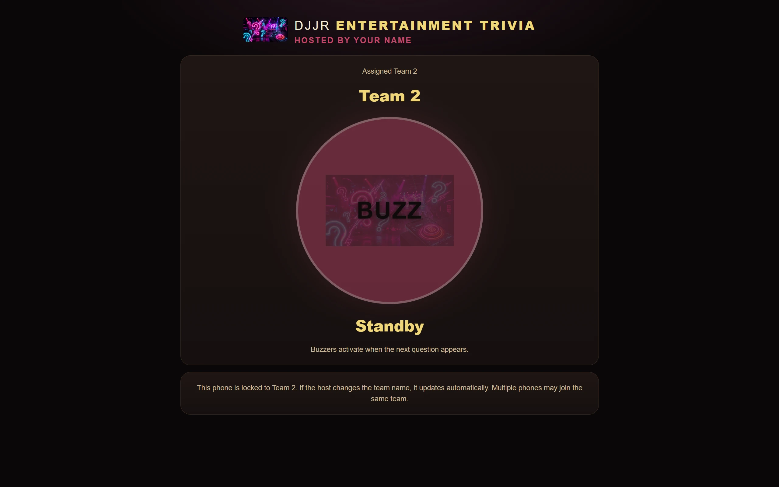 DJJR Trivia Hub phone buzzer view with team name and lockout