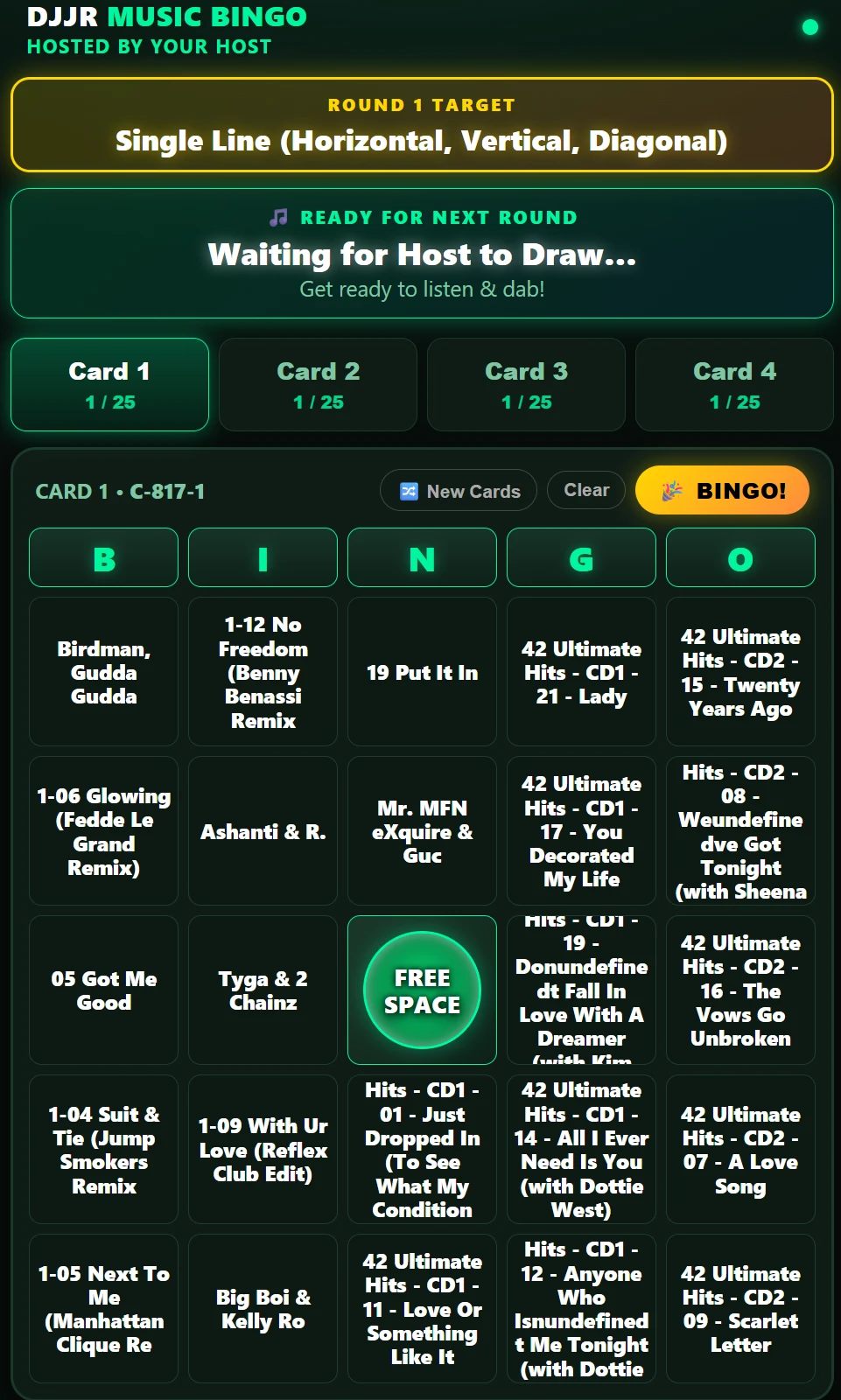 DJJR Music Bingo player phone view — four bingo cards with neon dabbers